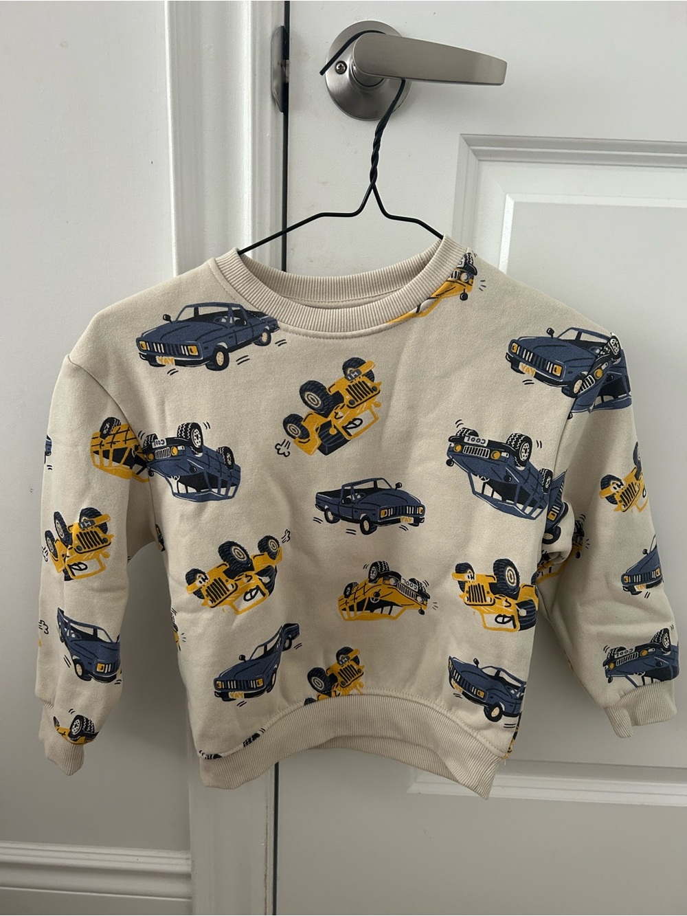 Primark Cream Sweatshirt with Navy & Mustard Car Print
